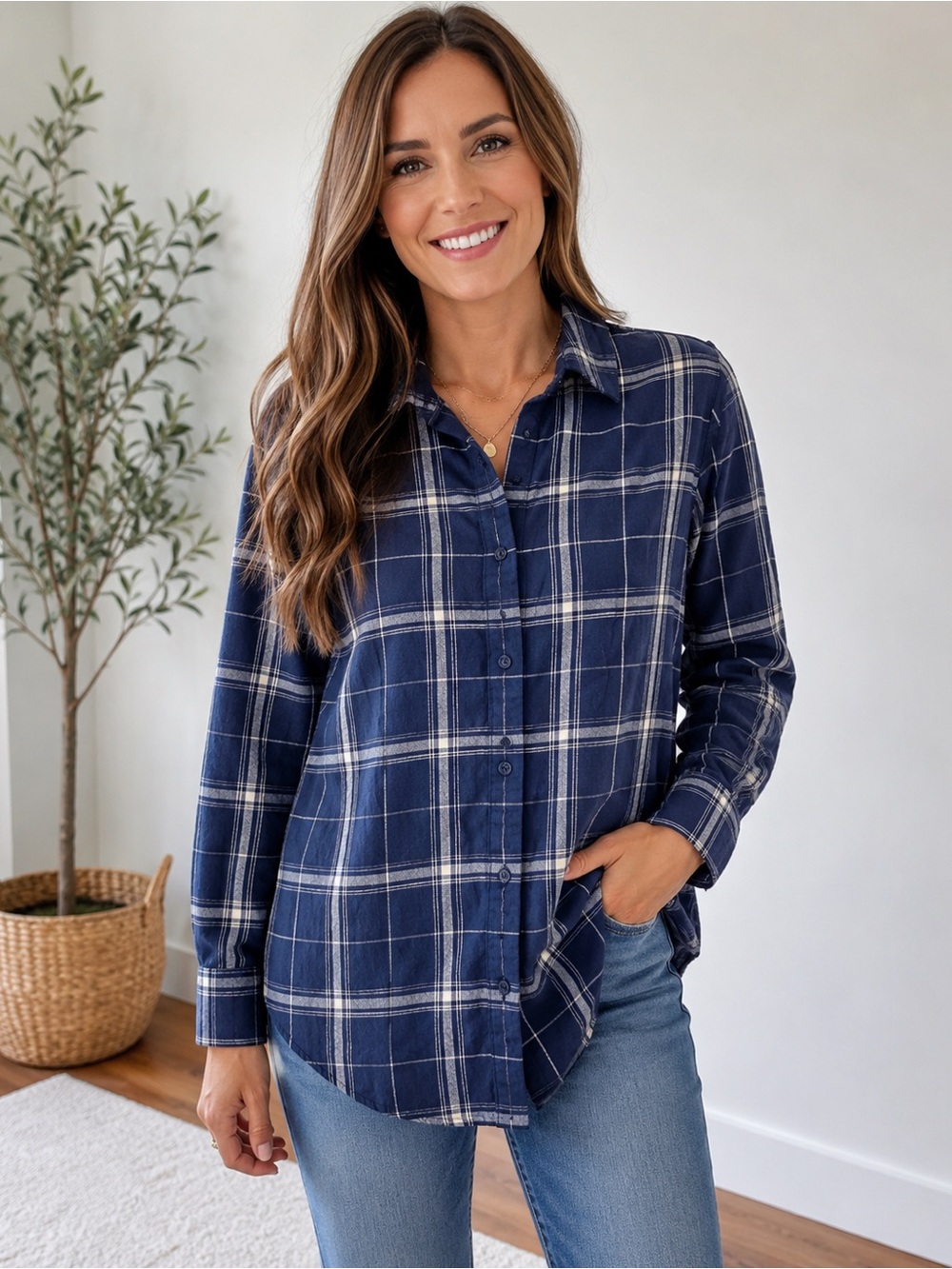 Garnet Hill Organic Pima Cotton Navy Plaid Tunic Shirt Size 8 Womens